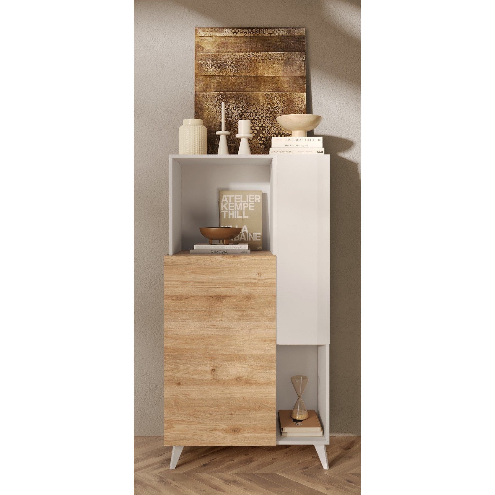 Amalfi 2 Door White Gloss and Cadiz Oak Tall Sideboard/Highboard - FurniComp