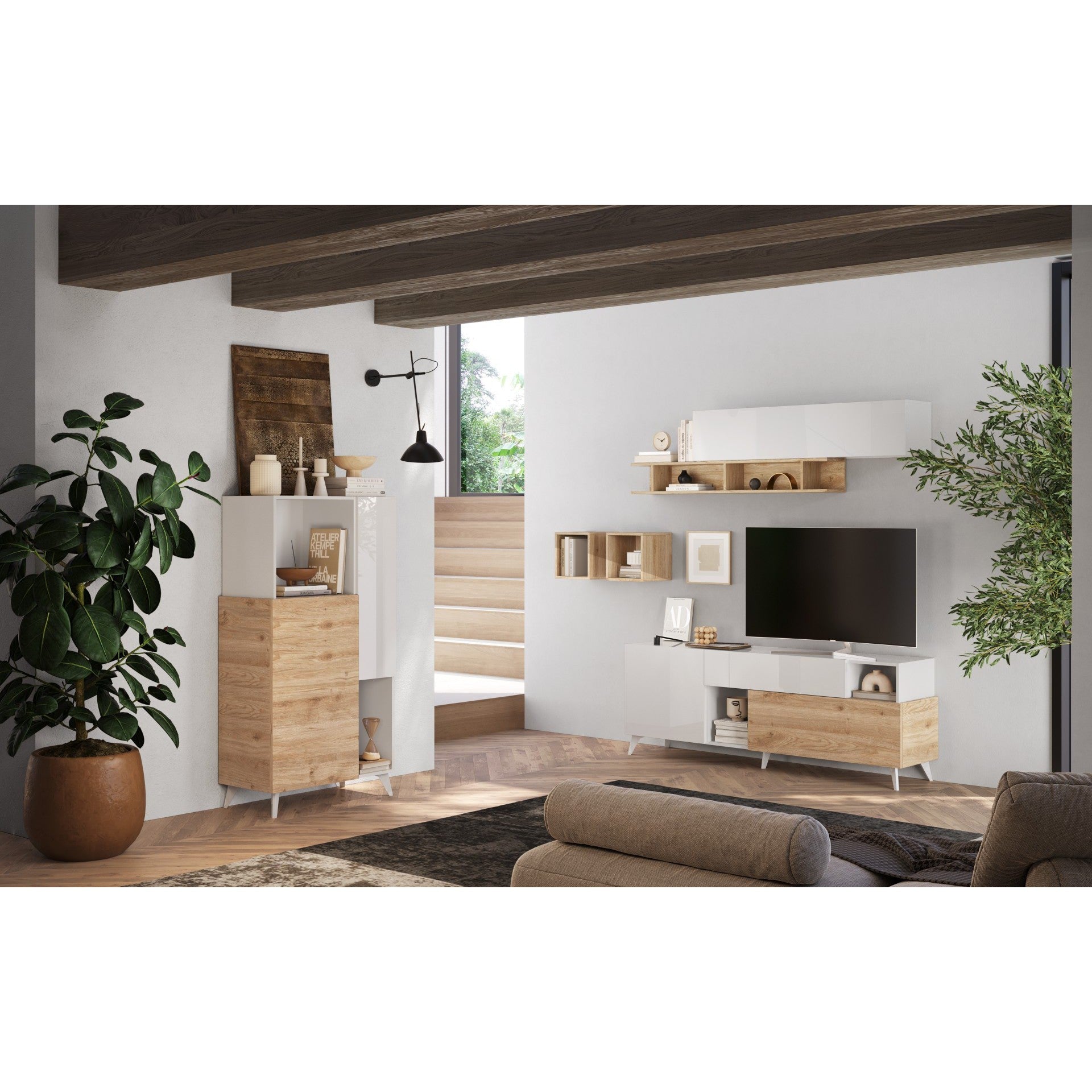 Amalfi 2 Door 1 Drawer White Gloss and Cadiz Oak Large TV Stand - FurniComp