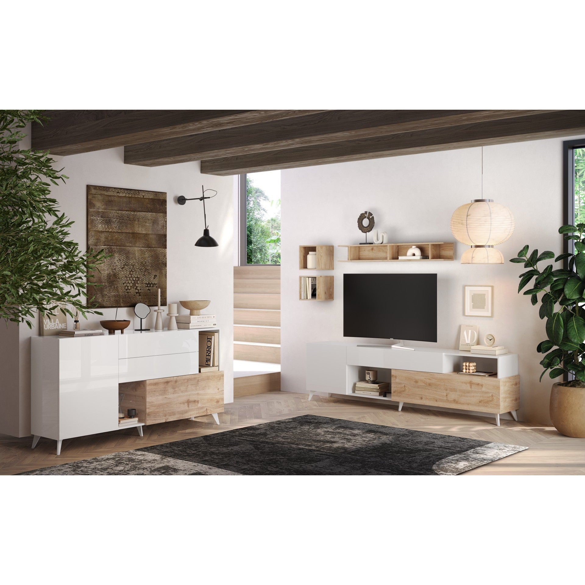 Amalfi 2 Door 2 Drawer White Gloss and Cadiz Oak Sideboard - FurniComp