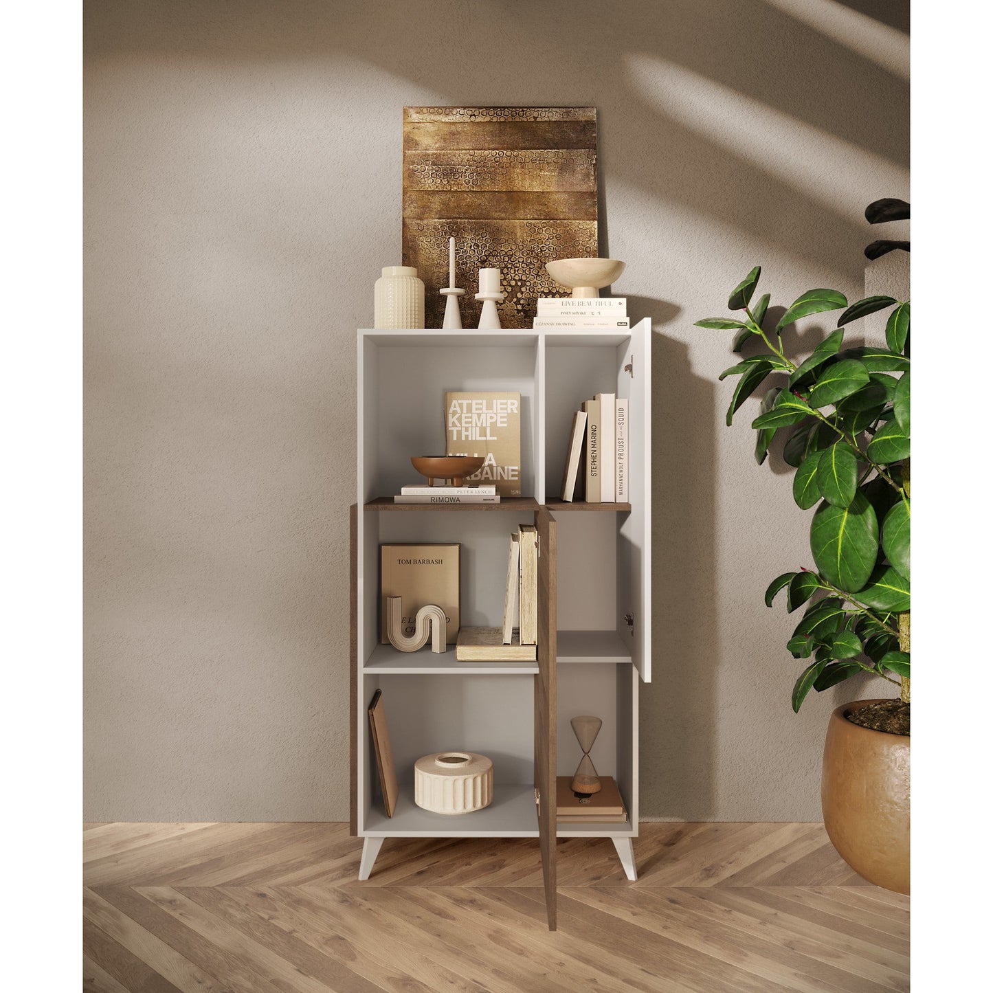 Amalfi 2 Door White Gloss and Mercure Oak Tall Sideboard/Highboard - FurniComp