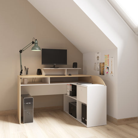 Archie 1 Drawer L-Shaped Corner Office Desk With Hutch - Matt White & Oak - FurniComp