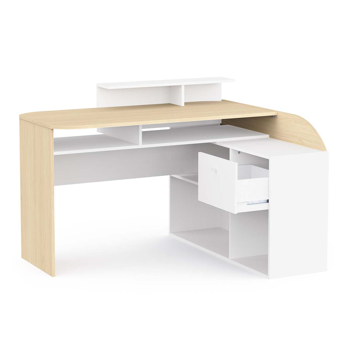Archie 1 Drawer L-Shaped Corner Office Desk With Hutch - Matt White & Oak - FurniComp