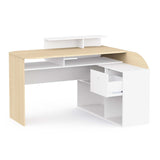 Archie 1 Drawer L-Shaped Corner Office Desk With Hutch - Matt White & Oak - FurniComp