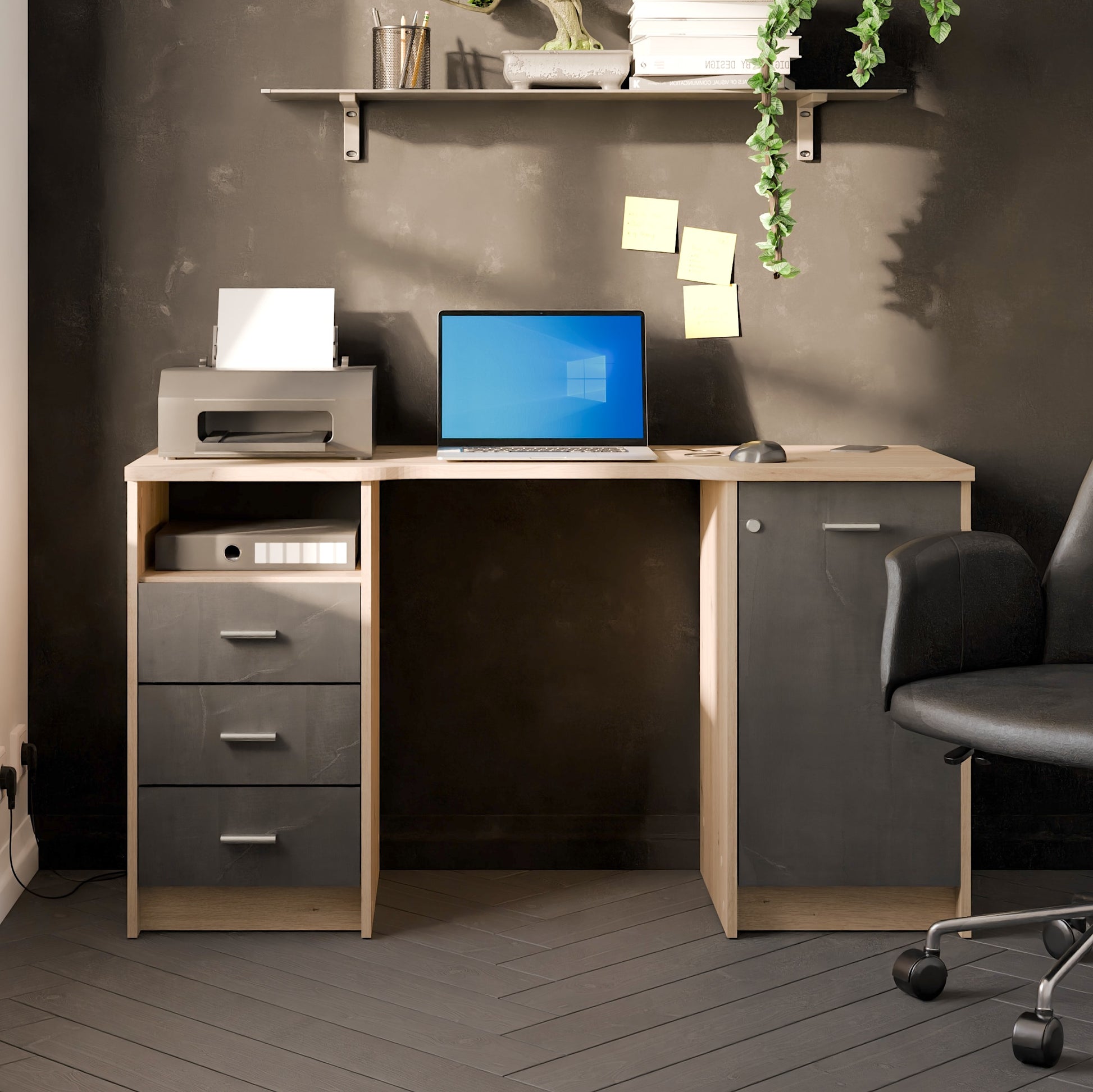 Arielle Large Black and Oak Office Desk with Storage Cupboard and Drawers - FurniComp