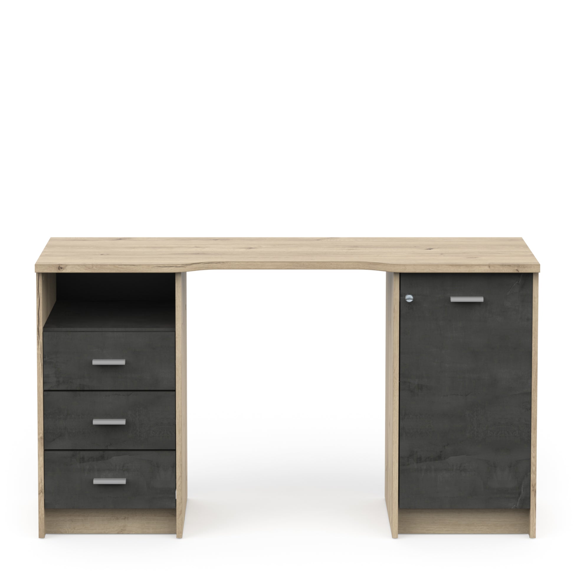 Arielle Large Black and Oak Office Desk with Storage Cupboard and Drawers - FurniComp