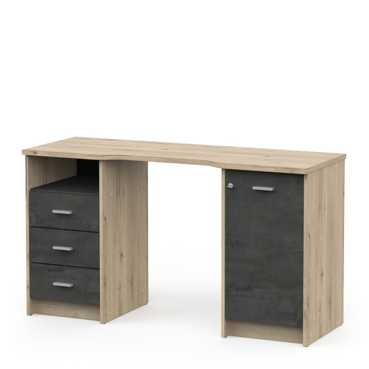 Arielle Large Black and Oak Office Desk with Storage Cupboard and Drawers - FurniComp