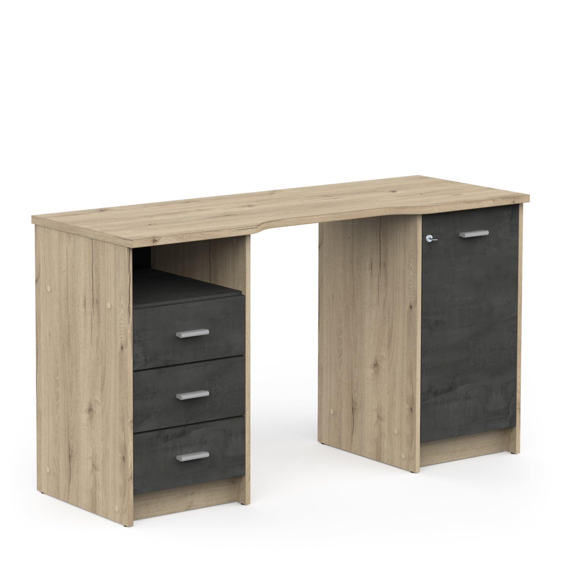 Arielle Large Black and Oak Office Desk with Storage Cupboard and Drawers - FurniComp