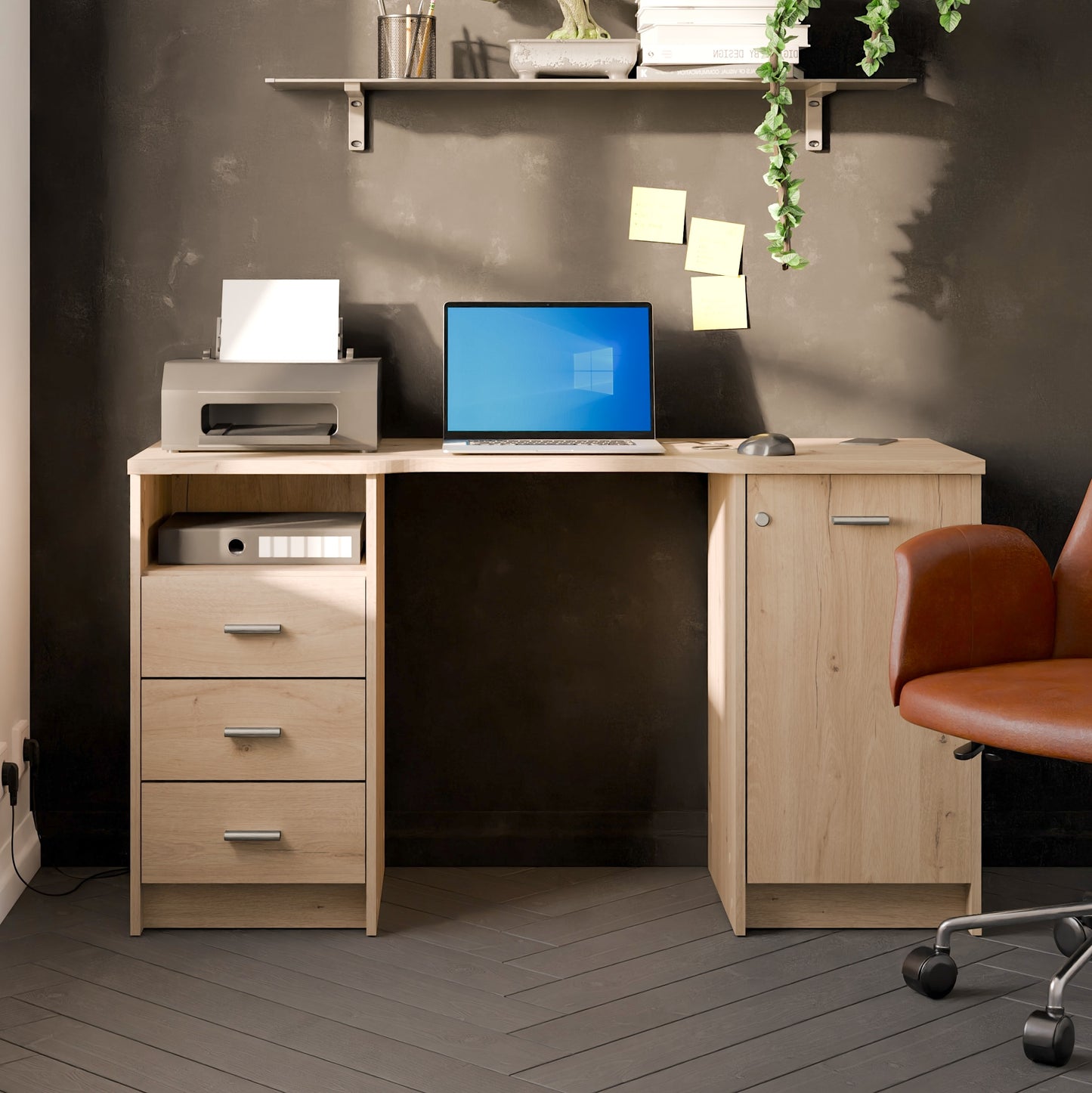 Arielle Large Oak Office Desk with Storage Cupboard and Drawers - FurniComp