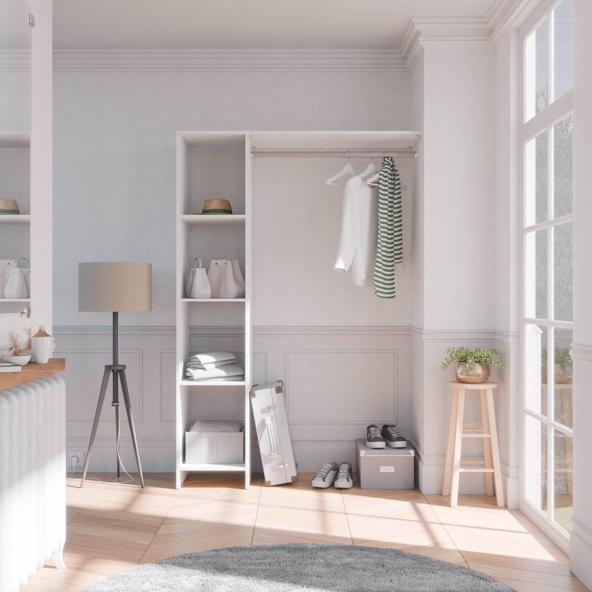 Astrid Open Wardrobe with Shelves and Rail - Matt White - FurniComp