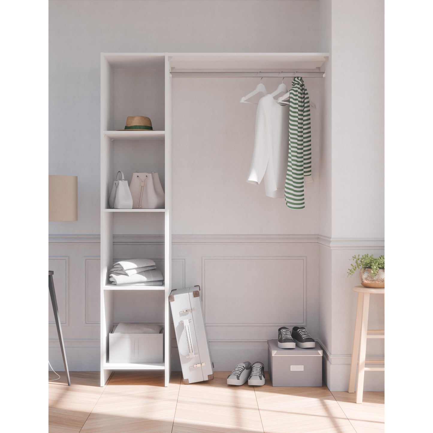 Astrid Open Wardrobe with Shelves and Rail - Matt White - FurniComp