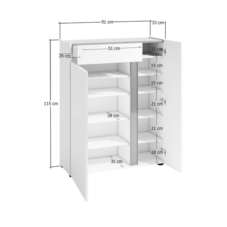 Athens 2 Door 1 Drawer White Gloss and Anthracite 20 Pair Shoe Cabinet - FurniComp