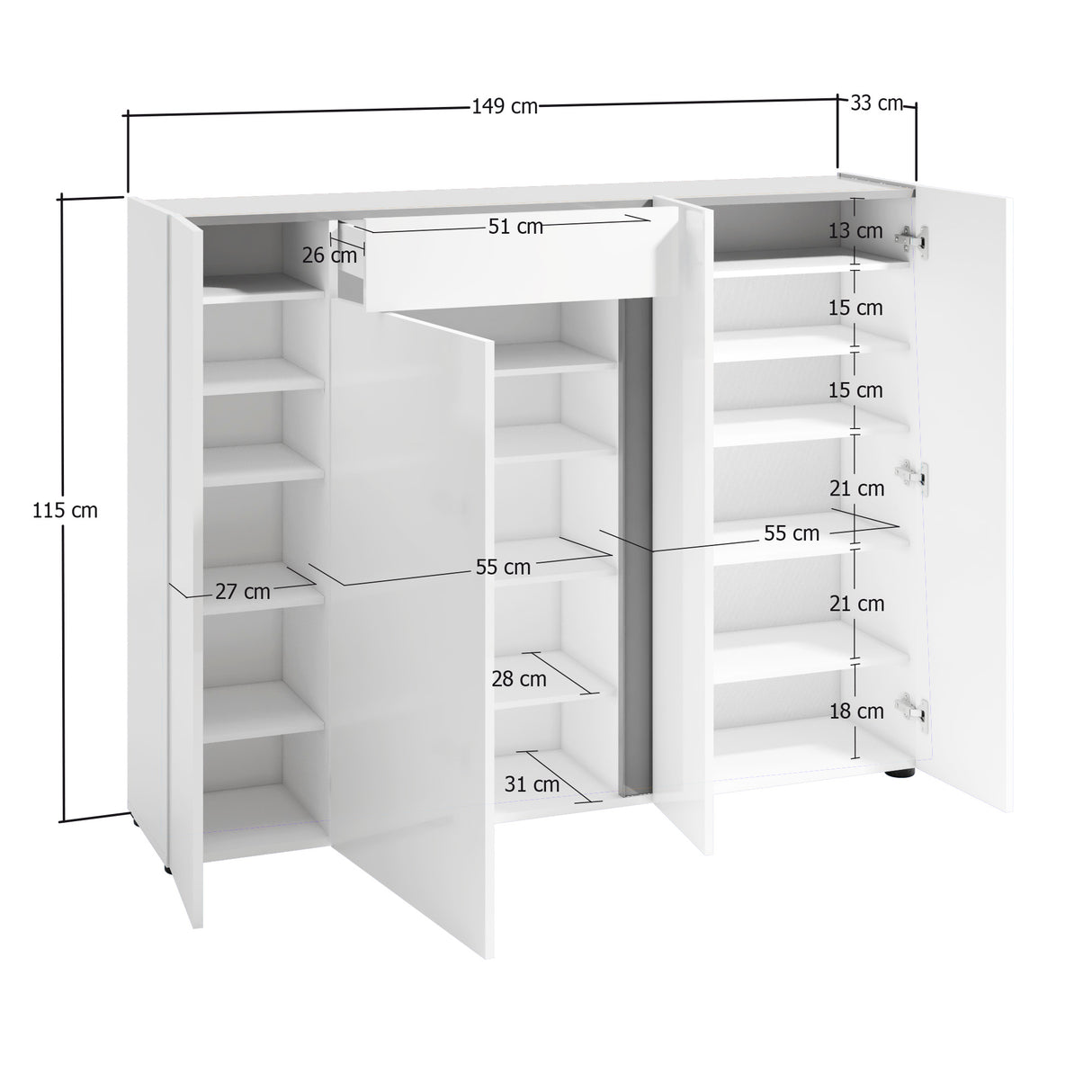 Athens 4 Door 1 Drawer White Gloss and Anthracite 40 Pair Shoe Cabinet - FurniComp