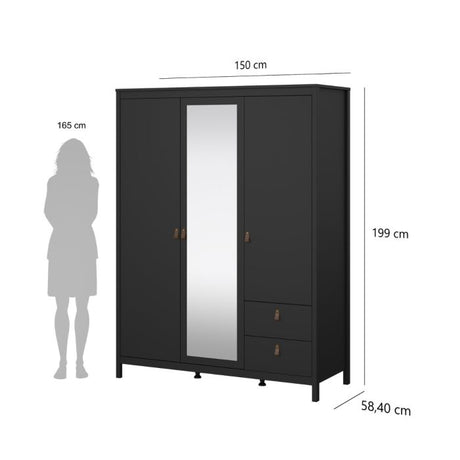 Audrey 150cm 3 Door 2 Drawer Mirrored Wardrobe-Black - FurniComp