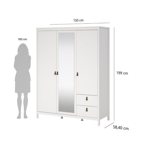 Audrey 150cm 3 Door 2 Drawer Mirrored Wardrobe-White - FurniComp