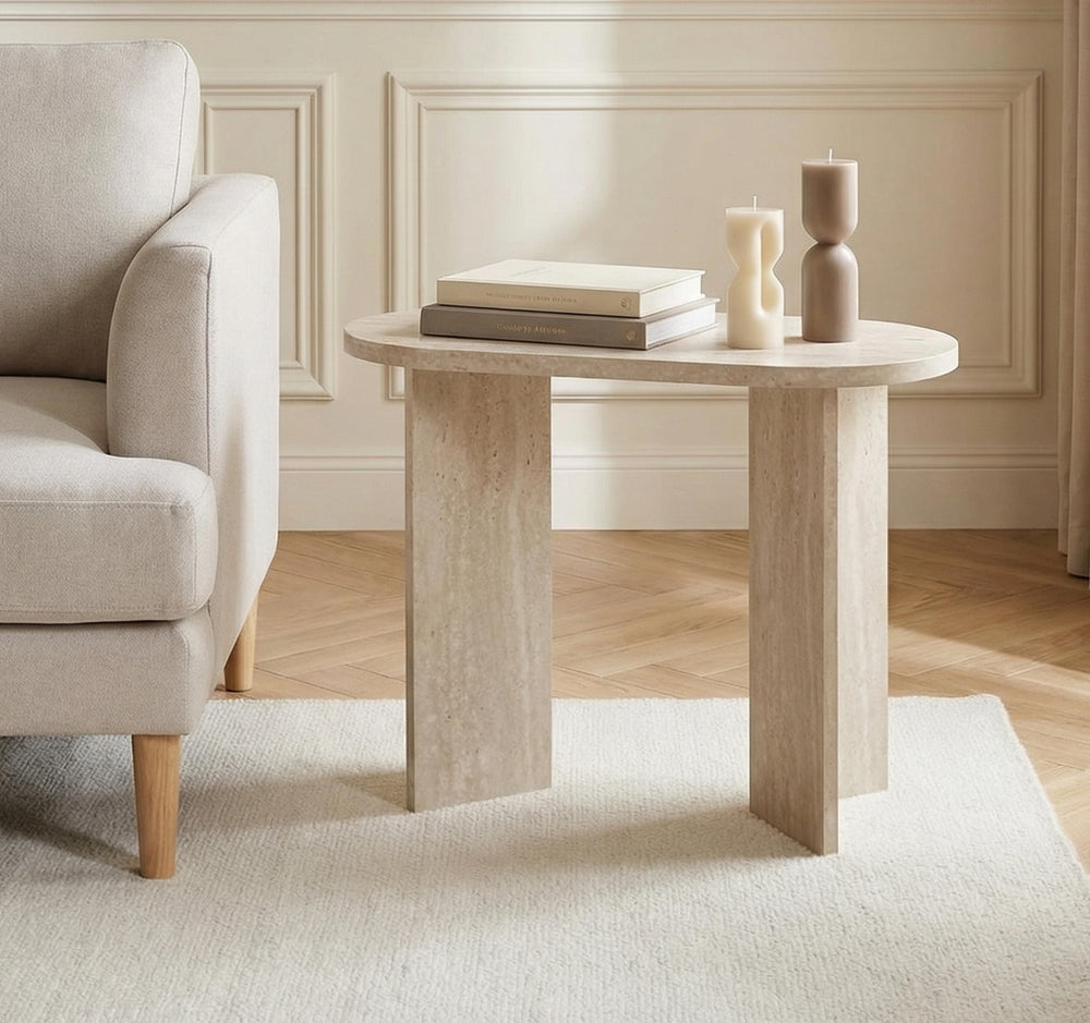 Aurora Oval Side Table- Travertine Stone