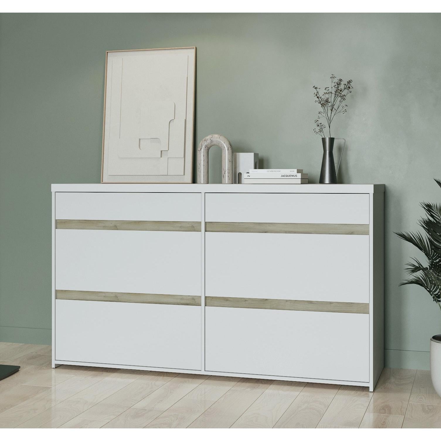 Avery 6 Drawer (3+3) Matt White and Oak Wide Chest of Drawers - FurniComp