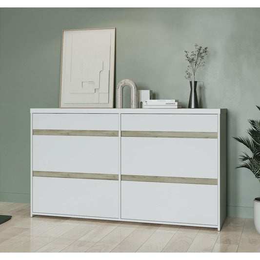 Avery 6 Drawer (3+3) Matt White and Oak Wide Chest of Drawers - FurniComp