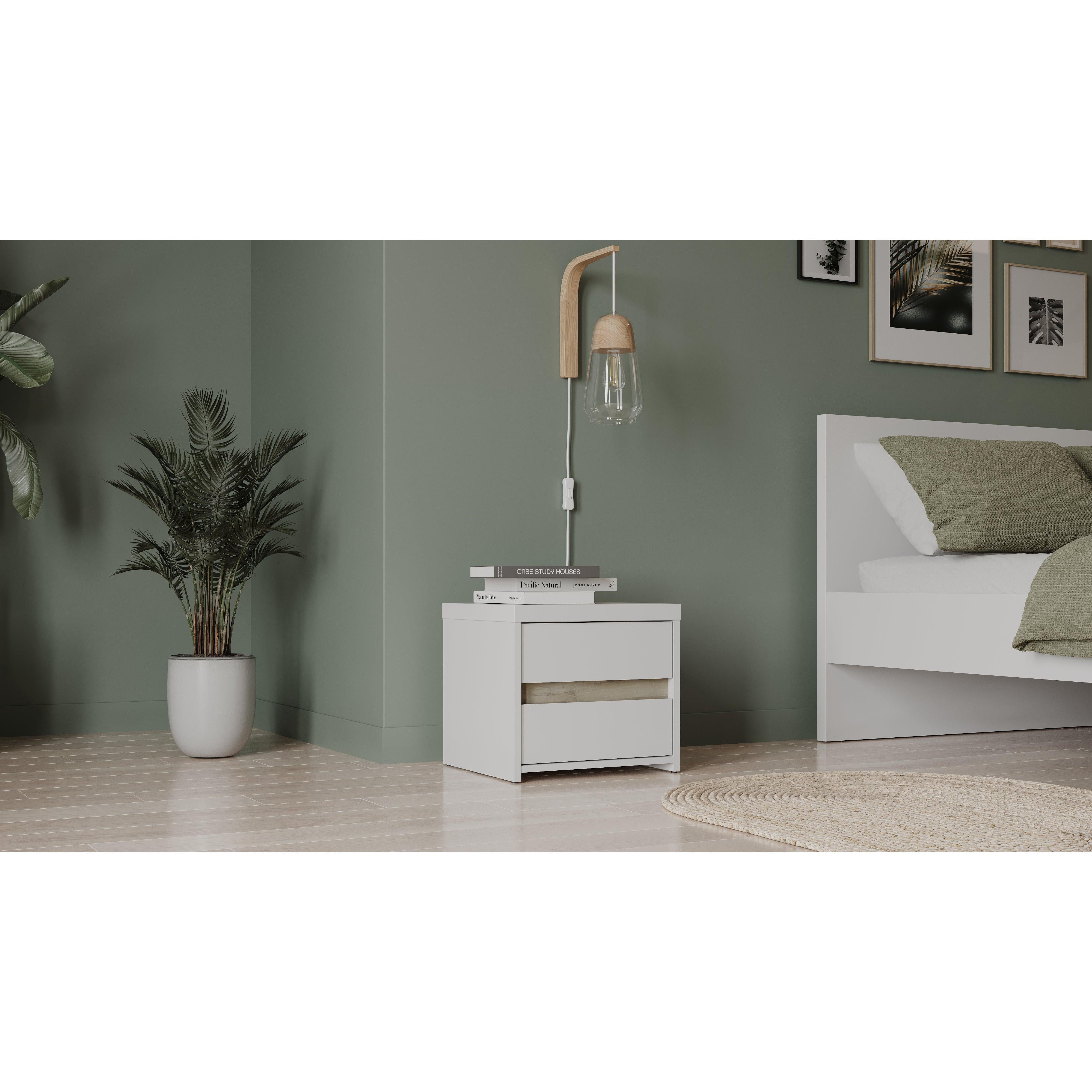 Avery 2 Drawer Matt White and Oak Bedside Table - FurniComp