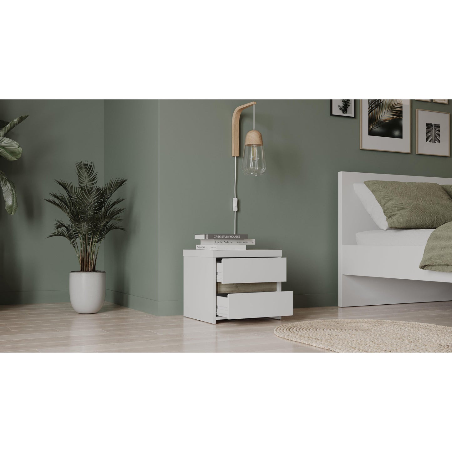 Avery 2 Drawer Matt White and Oak Bedside - FurniComp