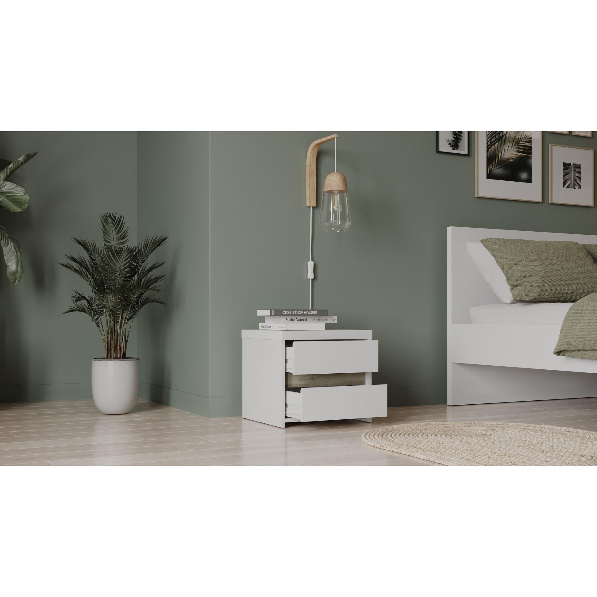 Avery 2 Drawer Matt White and Oak Bedside - FurniComp