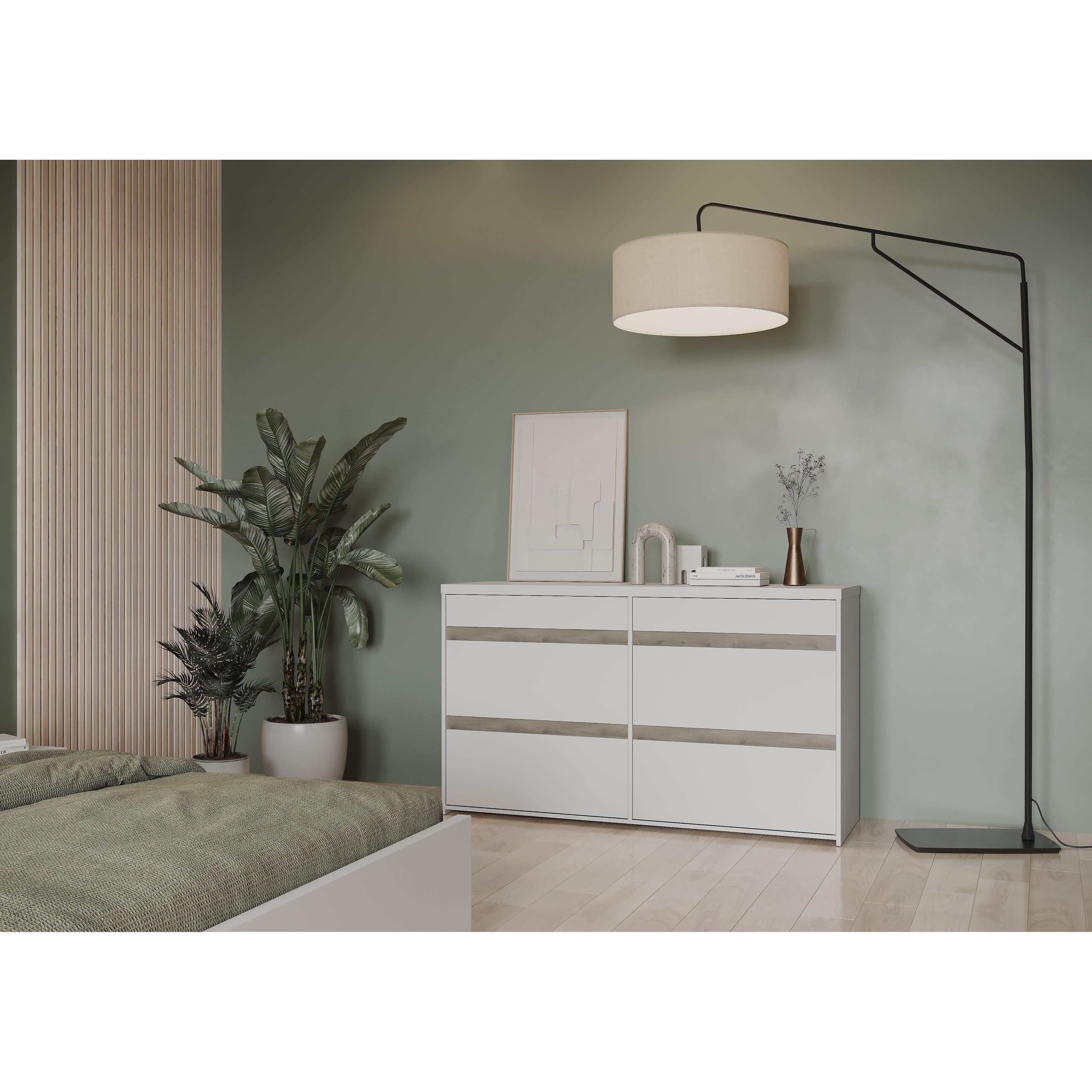 Avery 6 Drawer (3+3) Matt White and Oak Wide Chest of Drawers - FurniComp