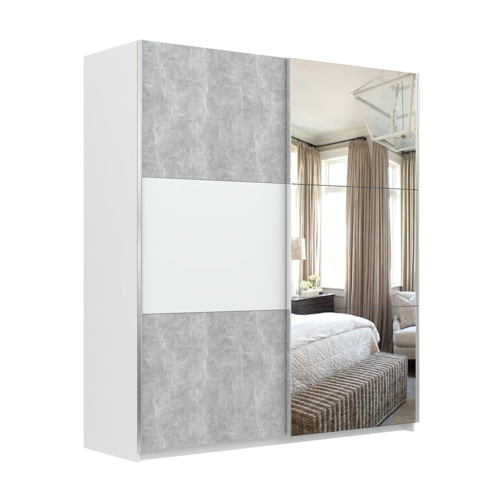 Axel 2 Door 180cm White & Concrete Grey Mirrored Sliding Door Wardrobe - FurniComp