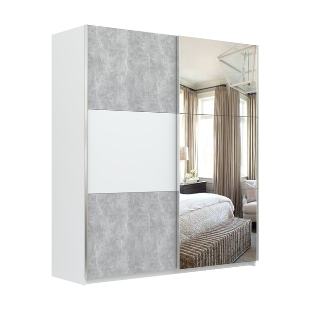 Axel 2 Door 180cm White & Concrete Grey Mirrored Sliding Door Wardrobe - FurniComp