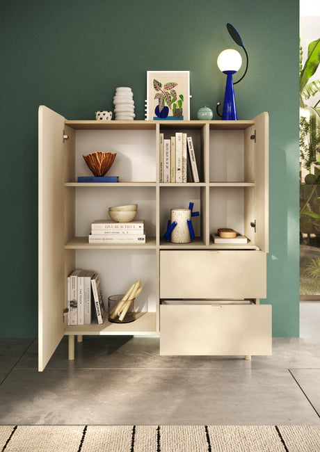 Bailey 100cm 2 Door 2 Drawer Highboard with Bookshelf - Oak & Cream - FurniComp