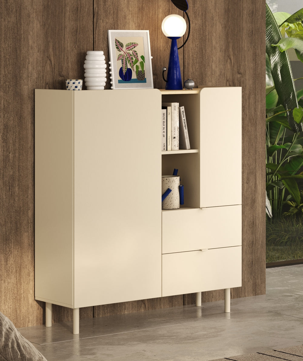 Bailey 100cm 2 Door 2 Drawer Highboard with Bookshelf - Oak & Cream - FurniComp