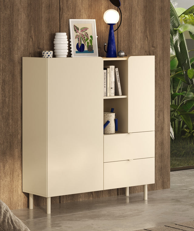 Bailey 100cm 2 Door 2 Drawer Highboard with Bookshelf - Oak & Cream - FurniComp
