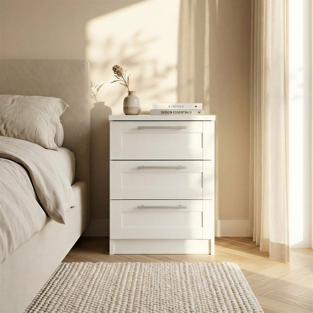 Denver 3 Drawer White Panelled Bedside - FurniComp