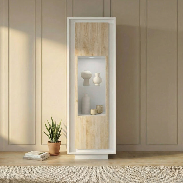 Berlin 1 Door 67cm Matt White and Cadiz Oak Glass Display Cabinet - FurniComp