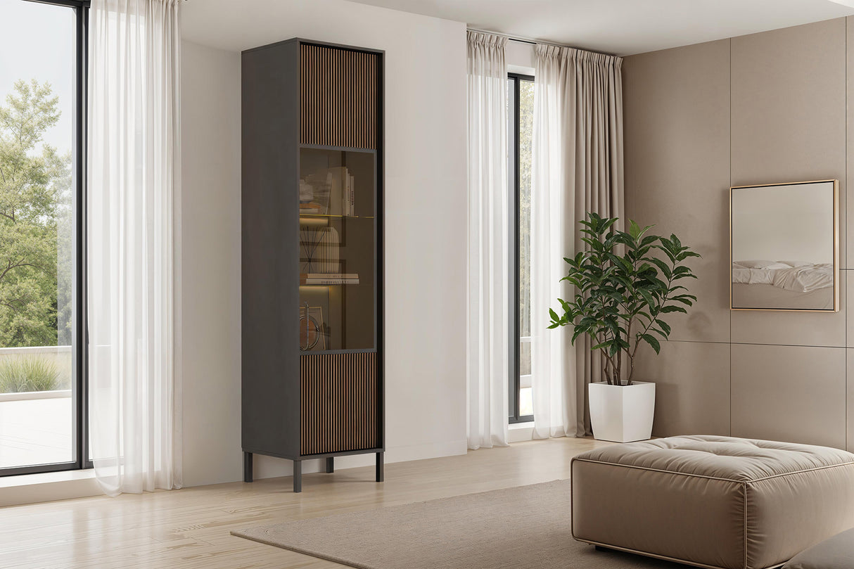 Bellagio 1 Door 50cm Tall Glass Display Cabinet – Grey and Mercure Oak - FurniComp