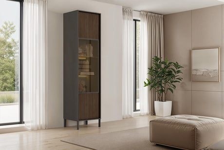 Bellagio 1 Door 50cm Tall Glass Display Cabinet – Grey and Mercure Oak - FurniComp