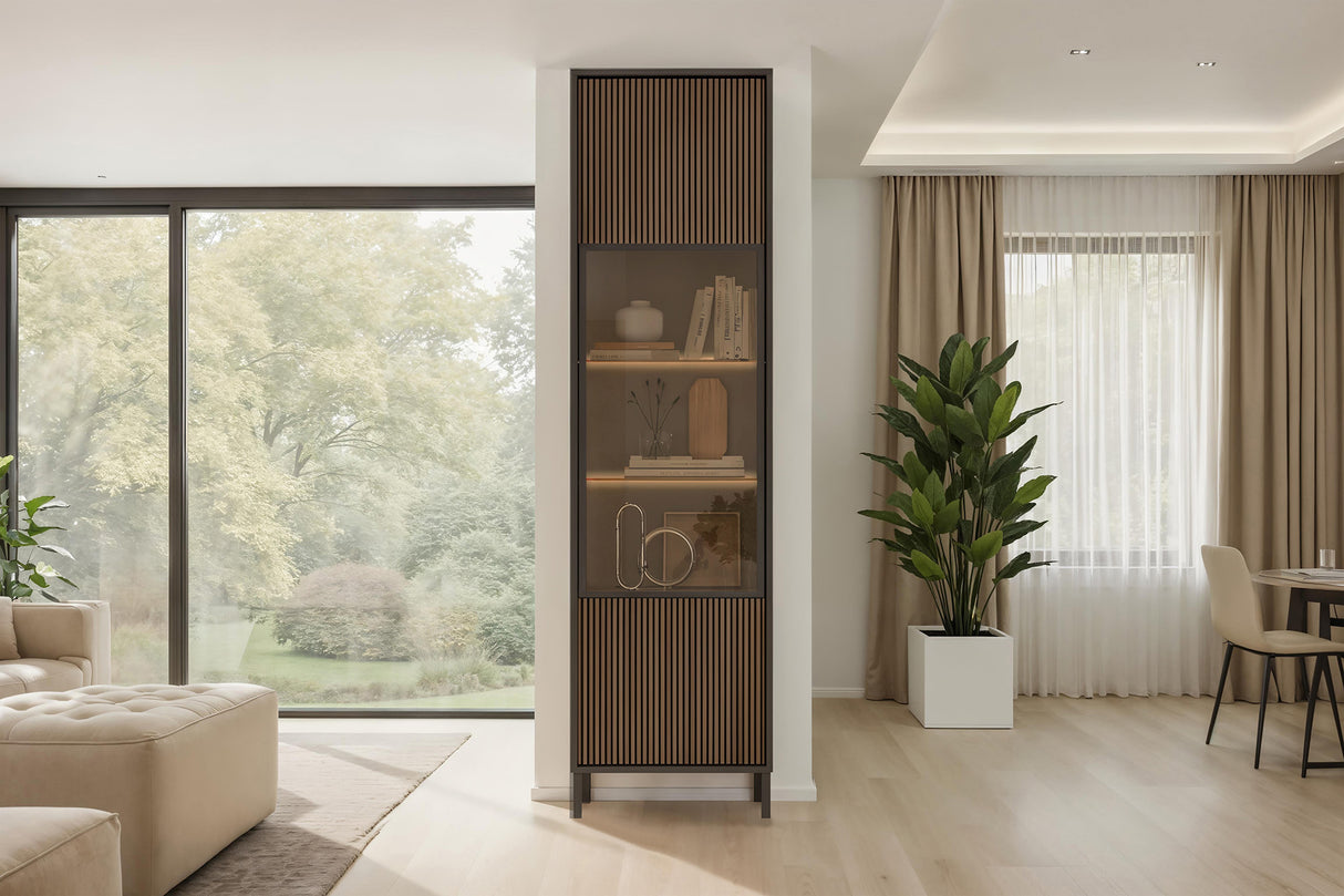 Bellagio 1 Door 50cm Tall Glass Display Cabinet – Grey and Mercure Oak - FurniComp