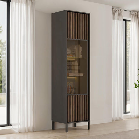 Bellagio 1 Door 50cm Tall Glass Display Cabinet – Grey and Mercure Oak - FurniComp