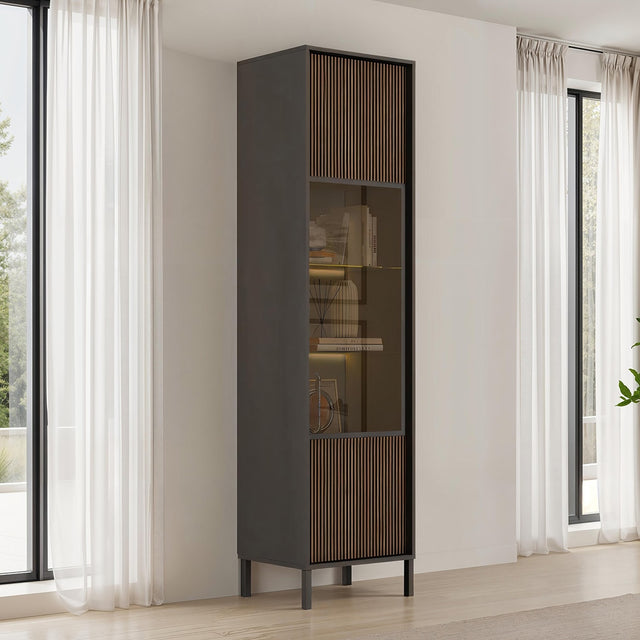 Bellagio 1 Door 50cm Tall Glass Display Cabinet – Grey and Mercure Oak - FurniComp