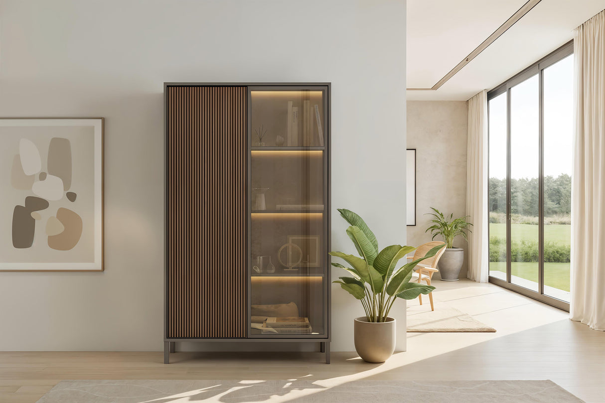 Bellagio 2 Door 100cm Glass Display Cabinet - Grey and Mercure Oak - FurniComp