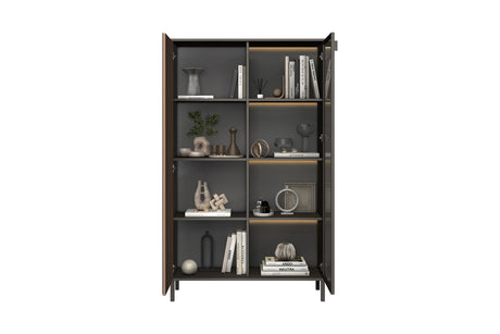 Bellagio 2 Door 100cm Glass Display Cabinet - Grey and Mercure Oak - FurniComp