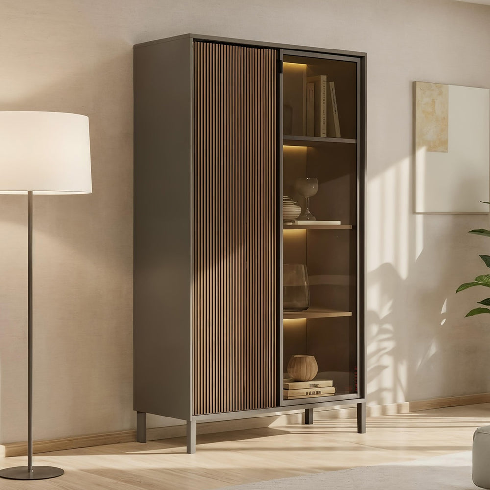 Bellagio 2 Door 100cm Glass Display Cabinet - Grey and Mercure Oak - FurniComp