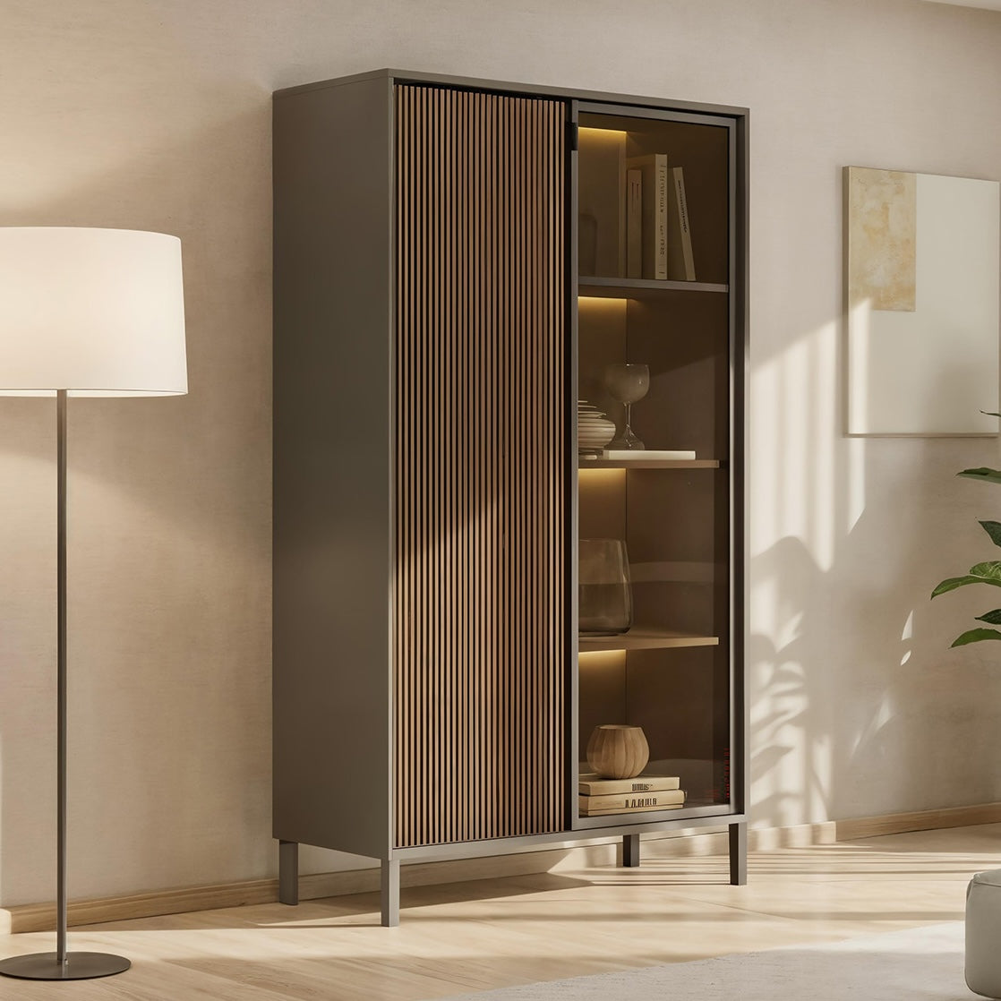 Bellagio 2 Door 100cm Glass Display Cabinet - Grey and Mercure Oak - FurniComp