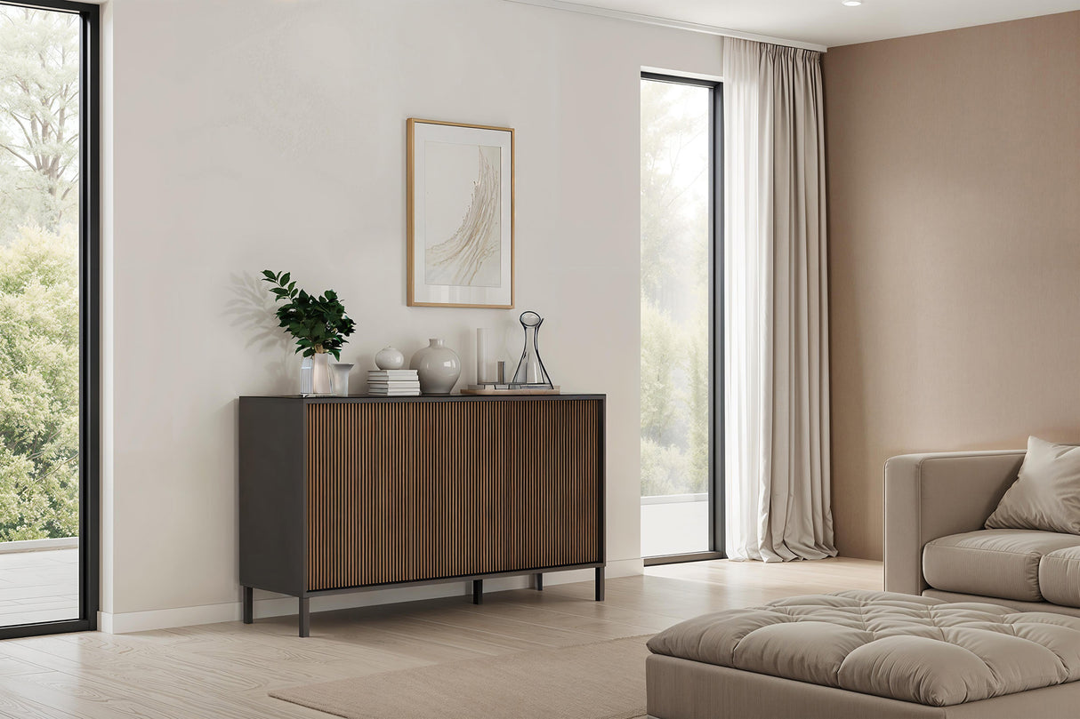 Bellagio 3 Door 150cm Ridged Sideboard - Grey and Mercure Oak - FurniComp