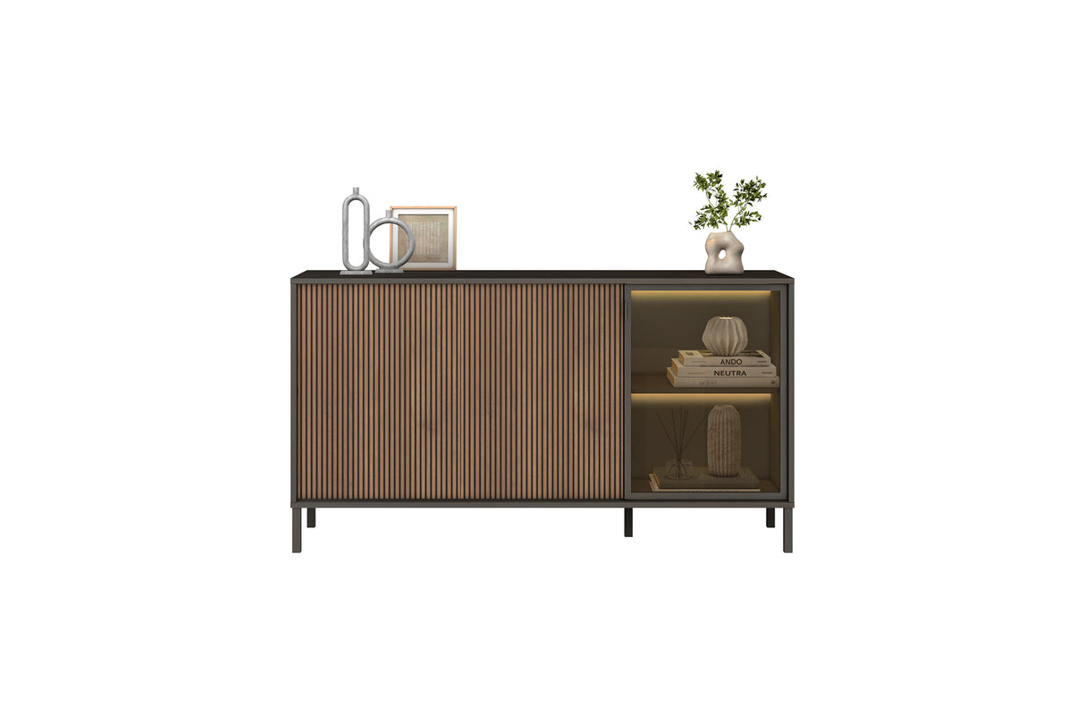 Bellagio 3 Door 150cm Ridged Sideboard with Glass Doors - Grey and Mercure Oak - FurniComp