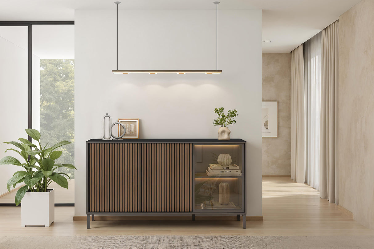Bellagio 3 Door 150cm Ridged Sideboard with Glass Doors - Grey and Mercure Oak - FurniComp
