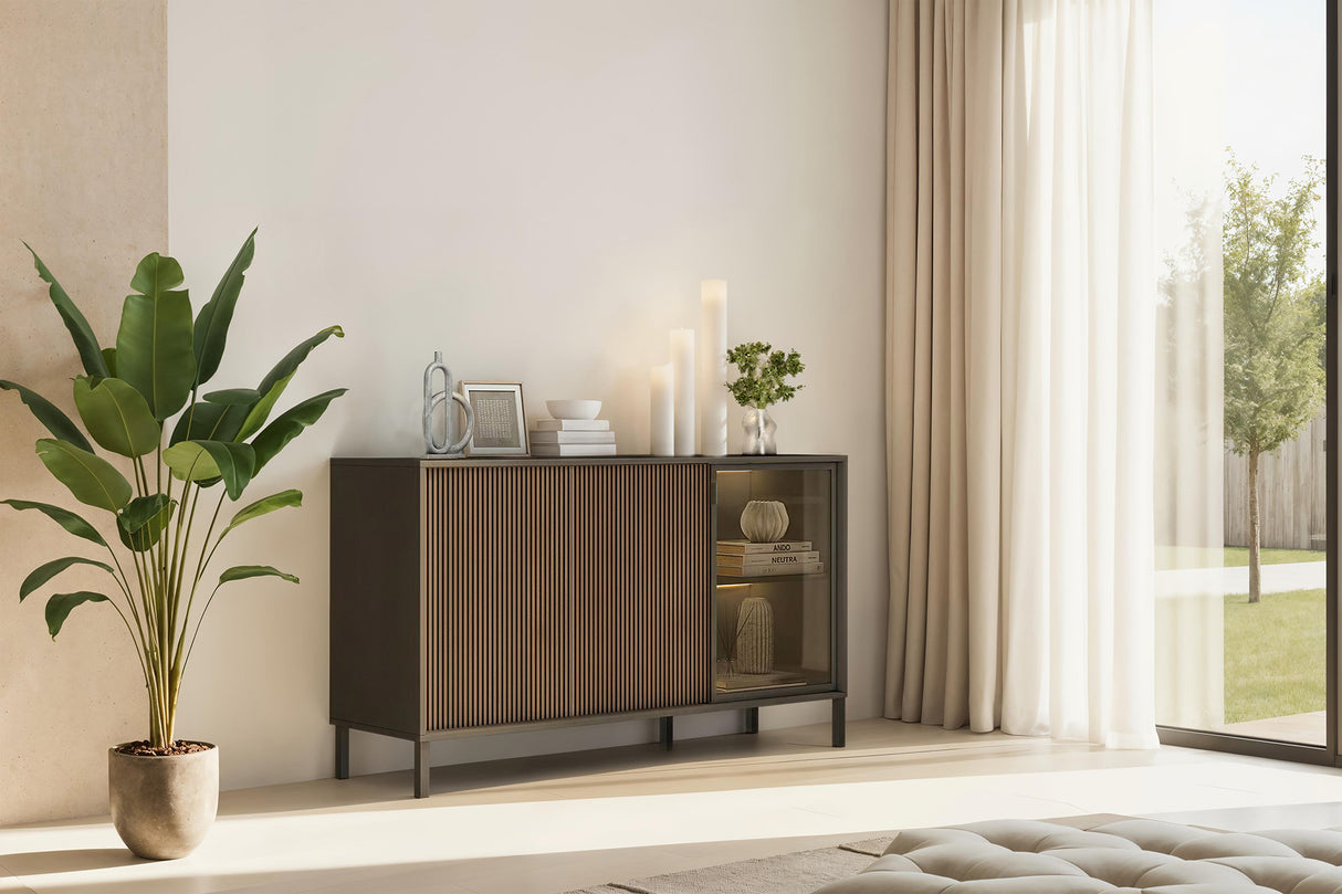 Bellagio 3 Door 150cm Ridged Sideboard with Glass Doors - Grey and Mercure Oak - FurniComp