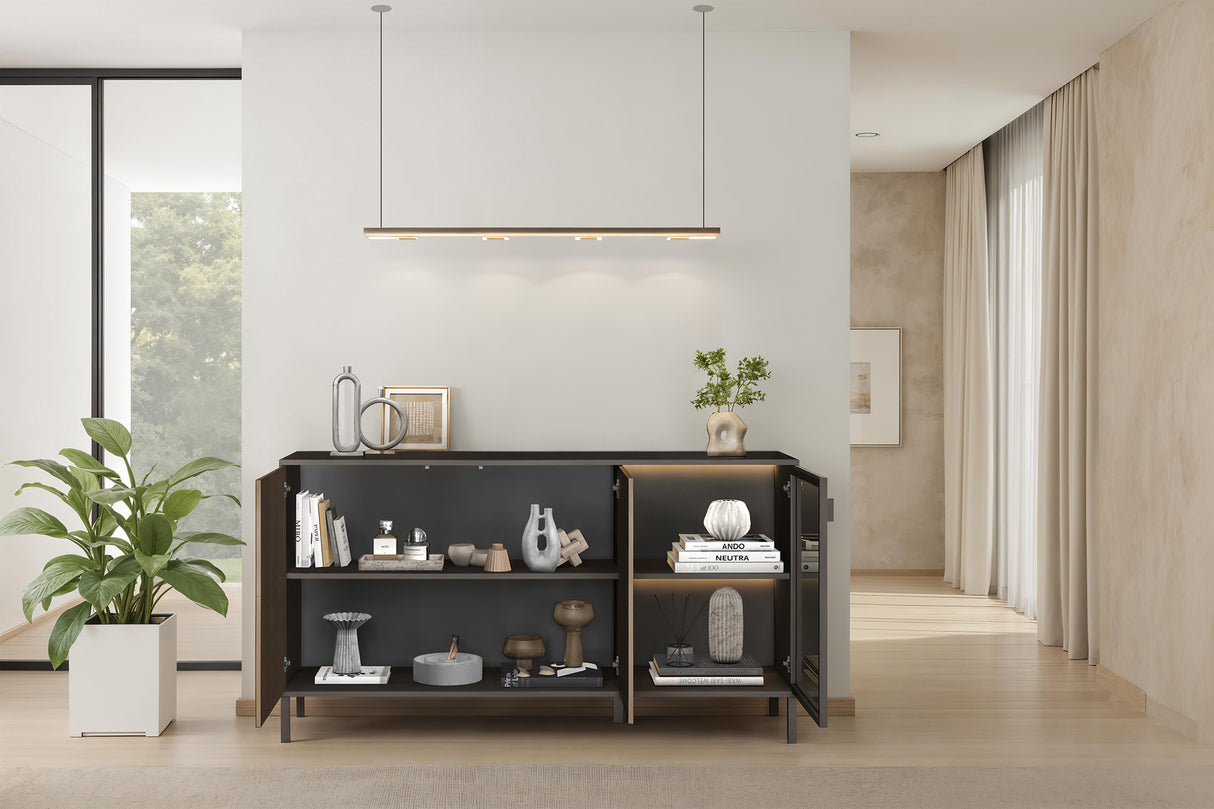 Bellagio 3 Door 150cm Ridged Sideboard with Glass Doors - Grey and Mercure Oak - FurniComp
