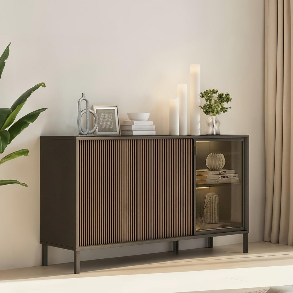Bellagio 3 Door 150cm Ridged Sideboard with Glass Doors - Grey and Mercure Oak - FurniComp