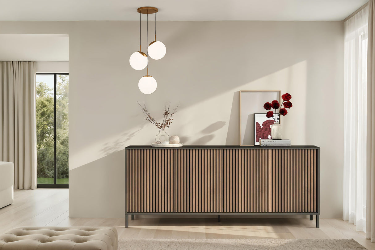 Bellagio 4 Door 200cm Ridged Sideboard – Grey and Mercure Oak - FurniComp