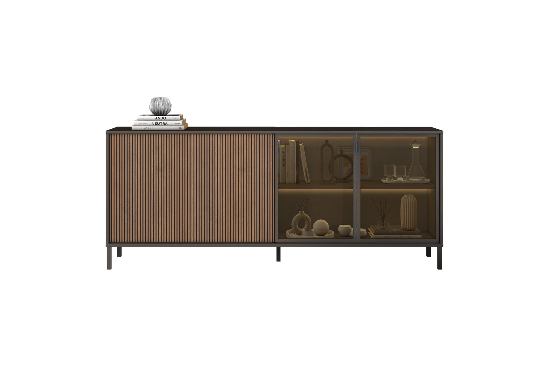 Bellagio 4 Door 200cm Ridged Sideboard with Glass Doors – Grey and Mercure Oak - FurniComp