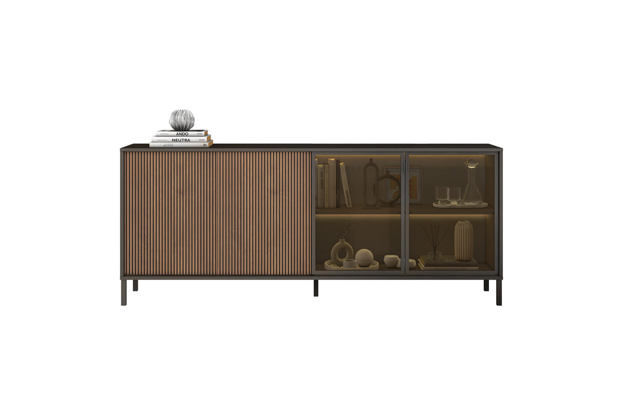 Bellagio 4 Door 200cm Ridged Sideboard with Glass Doors – Grey and Mercure Oak - FurniComp